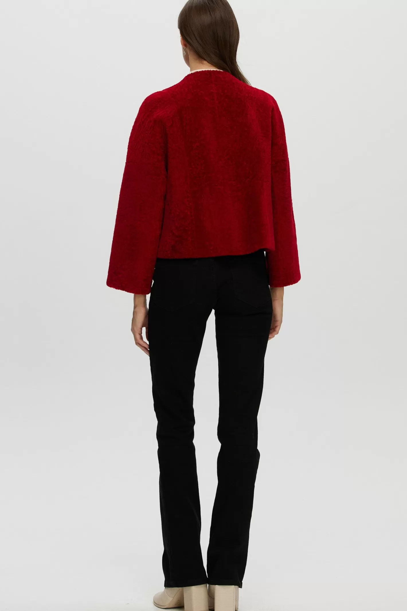 Women GORSKI Montreal Reversible Collarless New Zealand Shearling Lamb Jacket With 3/4 Sleeves