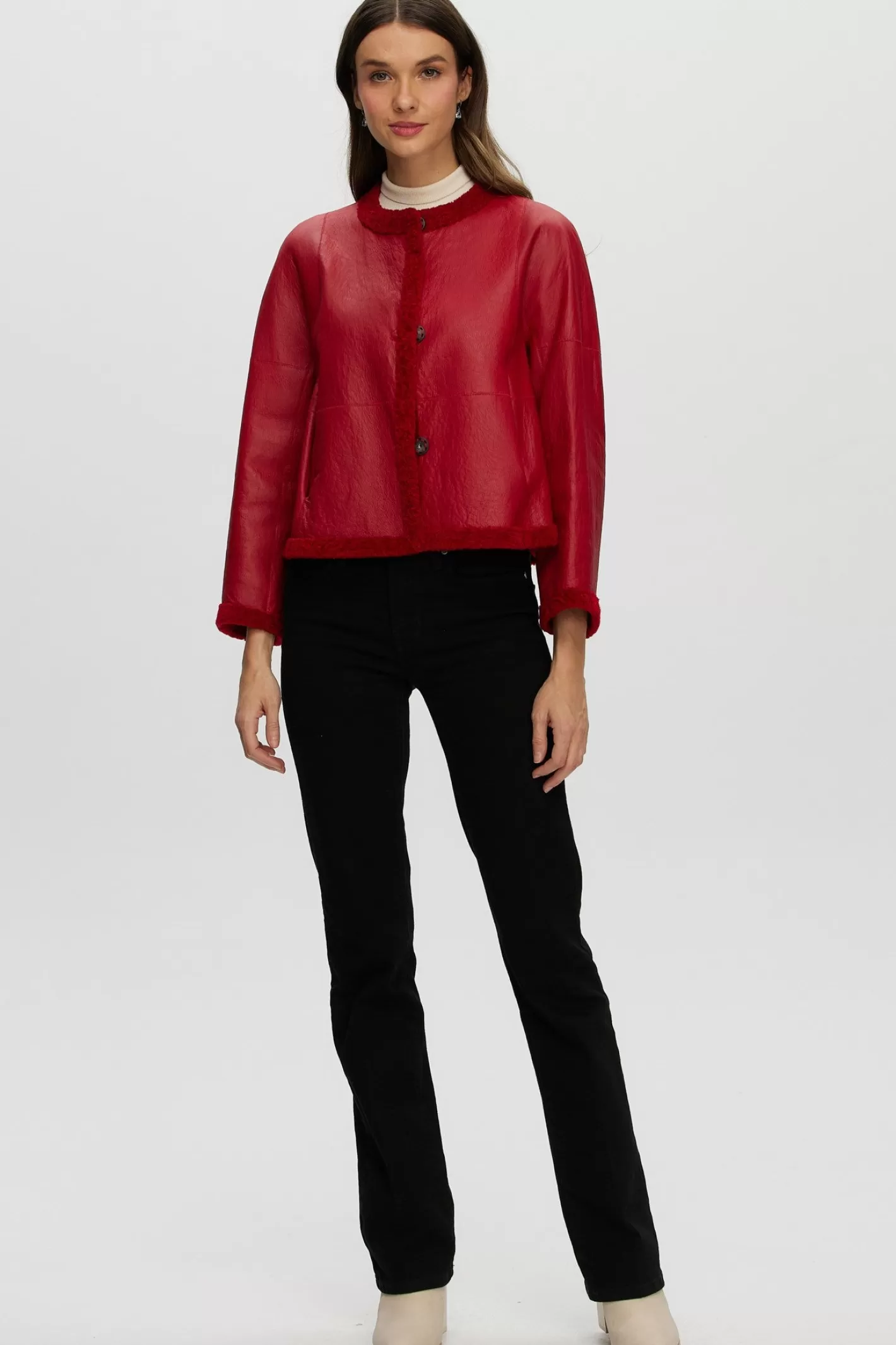 Women GORSKI Montreal Reversible Collarless New Zealand Shearling Lamb Jacket With 3/4 Sleeves
