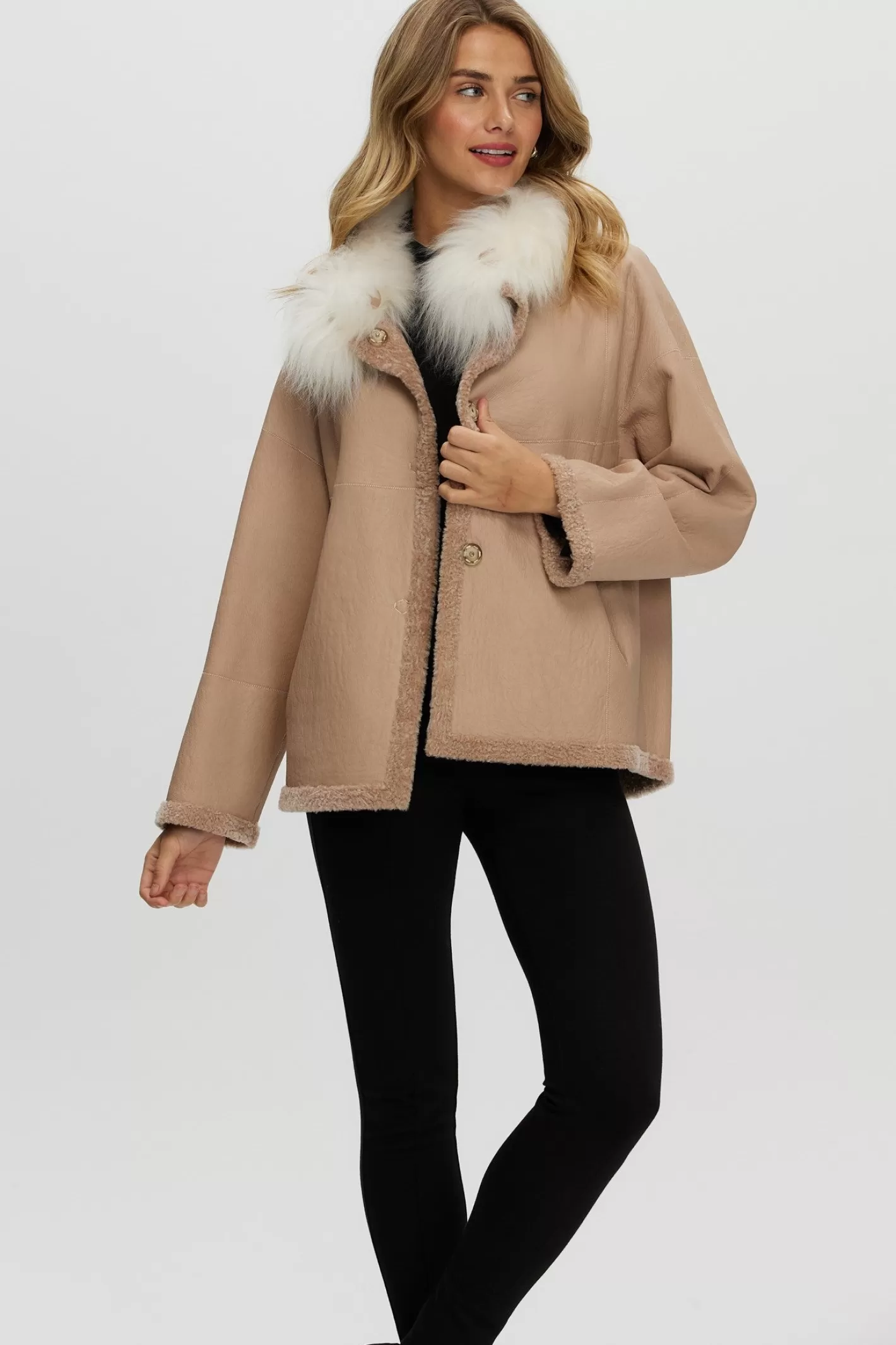 Women GORSKI Montreal Reversible New Zealand Shearling Lamb Jacket With Select Mongolian Lamb Collar