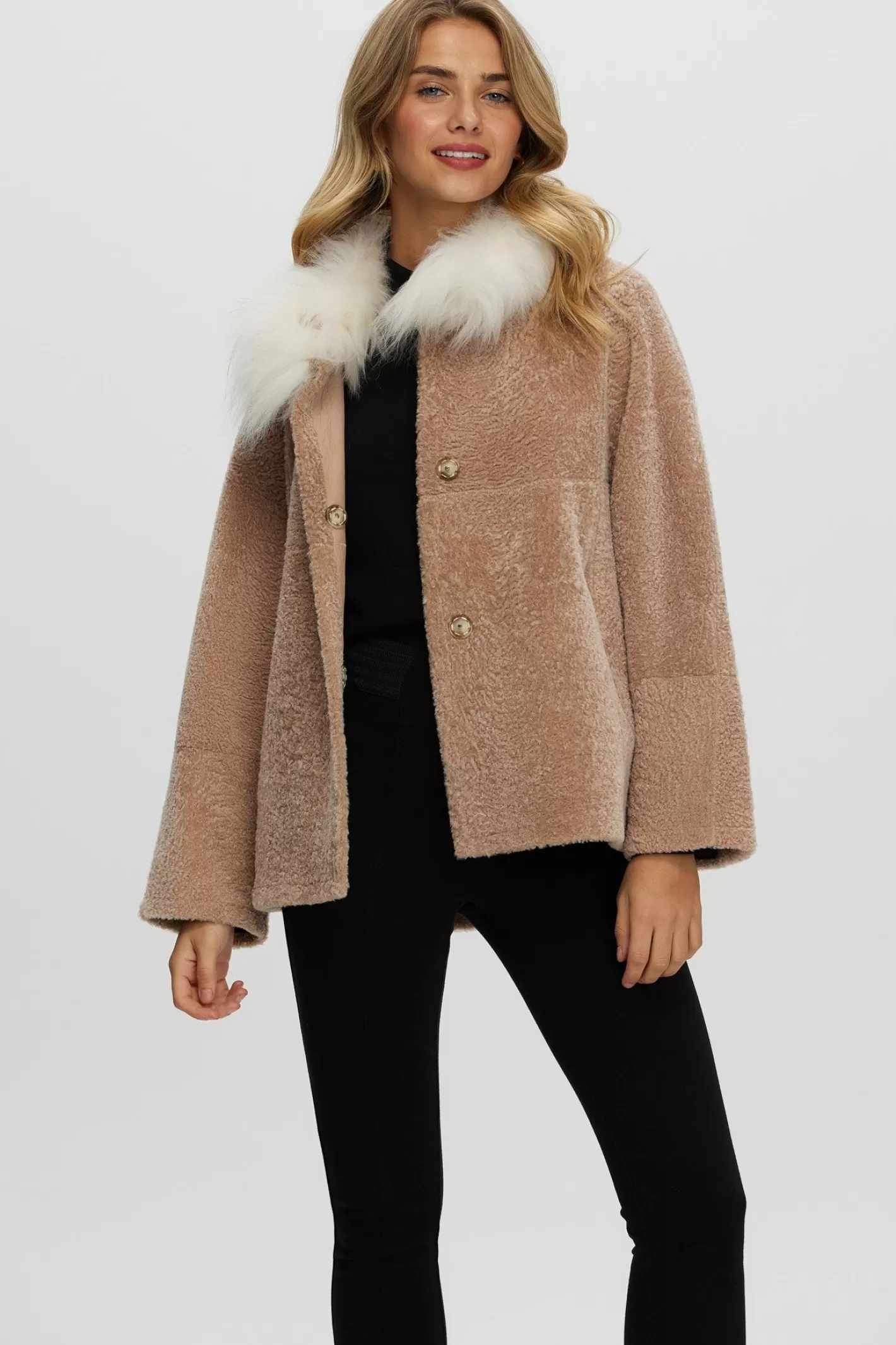 Women GORSKI Montreal Reversible New Zealand Shearling Lamb Jacket With Select Mongolian Lamb Collar