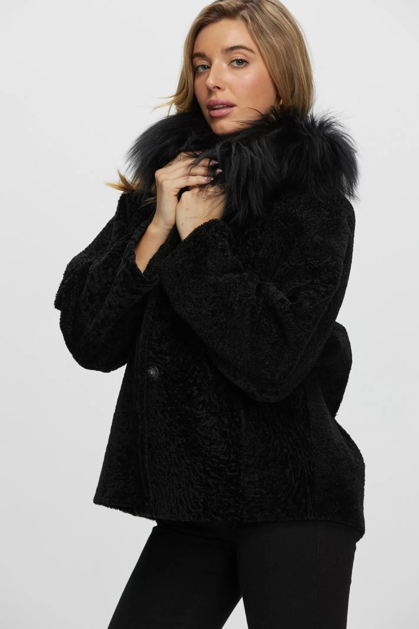 Women GORSKI Montreal Reversible New Zealand Shearling Lamb Jacket With Select Mongolian Lamb Collar