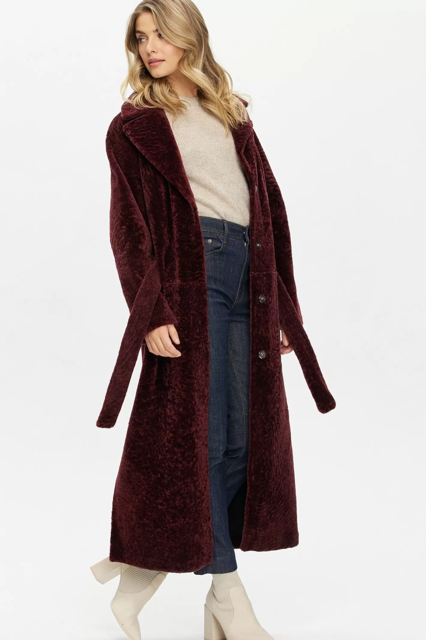Women GORSKI Montreal Reversible Select Shearling Lamb Coat With Side Slits And Belt